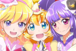 Rule 34 | 3girls, :d, asahina mirai, black hat, black headwear, blonde hair, blue eyes, blush, bow, brooch, cure magical, cure miracle, cure mofurun, earrings, girl sandwich, hat, izayoi liko, jewelry, long hair, looking at viewer, mahou girls precure!, mini hat, mini witch hat, mofurun (mahou girls precure!), multiple girls, open mouth, orange hair, personification, pink bow, pink hat, precure, purple eyes, purple hair, sandwiched, sch, smile, star (symbol), star in eye, symbol in eye, witch hat, yellow hat