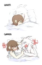 Rule 34 | 1boy, 1girl, 2koma, aged up, alternate universe, androgynous, asriel dreemurr, blush, brown hair, caribun, closed eyes, comic, cuddling, english text, frisk (undertale), furry, highres, horns, monster boy, nervous sweating, o o, pillow, pushing away, shirt, simple background, spoilers, striped clothes, striped shirt, surprised, sweat, tank top, topless male, under covers, undertale, upper body, white background, wide-eyed, wince