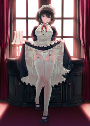 Rule 34 | 1girl, 40hara, apron, apron lift, arm strap, backlighting, black footwear, black hair, bow, bow panties, breasts, clothes lift, cover, cover page, crotch seam, day, disgust, dress, dress lift, frilled apron, frilled dress, frills, full body, garter straps, glaring, green eyes, highres, indoors, itou chitose, iya na kao sare nagara opantsu misete moraitai, juliet sleeves, lantern, large breasts, lifting own clothes, long sleeves, looking at viewer, maid, maid apron, maid headdress, neck ribbon, panties, panties over garter belt, parted lips, puffy sleeves, red ribbon, ribbon, scowl, short hair, skirt hold, solo, thighhighs, underwear, watermark, white apron, white panties, white thighhighs, window