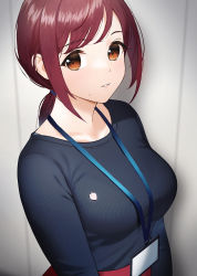Rule 34 | 1girl, blue shirt, bralines, breasts, brown eyes, brown hair, cleavage, doushimasho, highres, id card, lanyard, looking at viewer, low tied hair, mole, mole under mouth, office lady, original, red skirt, shirt, skirt, solo