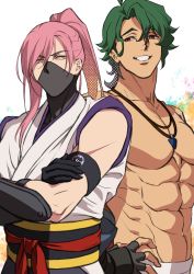 Rule 34 | 2boys, abs, absurdres, armband, beniazumaru, black gloves, bracer, brown eyes, cherry blossom (sk8), fingerless gloves, gloves, green hair, hand on own hip, highres, jewelry, joe (sk8), long hair, male focus, mask, multiple boys, muscular, muscular male, necklace, pectorals, pink hair, ponytail, simple background, sk8 the infinity, smile, standing, white background, yellow eyes