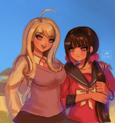 Rule 34 | 2girls, :d, ahoge, akamatsu kaede, artist name, backpack, bag, black sailor collar, blonde hair, breasts, brown necktie, closed mouth, collared shirt, danganronpa (series), danganronpa v3: killing harmony, day, hair ornament, hairclip, harukawa maki, highres, large breasts, long hair, looking at viewer, missarilicious, mole, mole under eye, multiple girls, necktie, open mouth, outdoors, pink vest, pout, red shirt, sailor collar, shirt, sketch, smile, teeth, upper body, upper teeth only, vest
