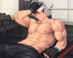 Rule 34 | 1boy, abs, absurdres, bara, biceps, black shorts, blush, brown hair, bulge, dumbbell, erection, erection under clothes, fingerless gloves, gloves, gyee, gym uniform, headband, headphones, highres, ko shushu, large pectorals, lee (gyee), looking to the side, lying, male focus, muscular, muscular male, navel, nipples, on back, orange eyes, pectorals, short hair, shorts, sideburns, smile, solo, stomach, sweat, topless male, twitching penis