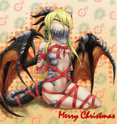 Rule 34 | 1girl, armor, arms behind back, bdsm, blonde hair, bondage, bound, breasts, christmas, collarbone, covered erect nipples, deathwing, dragon, dragon girl, eyebrows, female focus, handi, highres, horns, long hair, looking at viewer, midriff, navel, red ribbon, ribbon, sitting, small breasts, solo, tail, tears, underboob, warcraft, wings, world of warcraft, yellow eyes