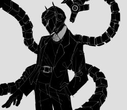 Rule 34 | 1boy, android, bono (project moon), coat, collared shirt, cowboy shot, greyscale, helmet, highres, library of ruina, long sleeves, looking to the side, maskv, mechanical tentacles, monochrome, pants, project moon, shirt, shoes, simple background, solo, standing, sweater