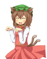 Rule 34 | 1girl, :d, animal ears, brown hair, cat ears, cat girl, cat tail, chen, closed eyes, fang, female focus, hat, multiple tails, open mouth, paw pose, ryousangata, short hair, simple background, smile, solo, tail, touhou