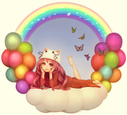 Rule 34 | 1girl, animal ears, animal hat, balloon, bug, butterfly, cat ears, cat girl, cat hat, female focus, hat, bug, long hair, lying, megurine luka, megurine luka (toeto), musical note, on stomach, pink eyes, pink hair, rainbow, smile, solo, toeto (vocaloid), vocaloid, yugume