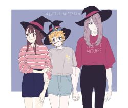 Rule 34 | 10s, 3girls, artist request, blonde hair, blue eyes, blush, brown eyes, brown hair, casual, closed mouth, clothes writing, copyright name, english text, frown, glasses, hat, highres, holding hands, kagari atsuko, little witch academia, long hair, looking away, lotte jansson, multiple girls, pants, shirt, short hair, shorts, signature, simple background, smile, sucy manbavaran, text focus, witch hat