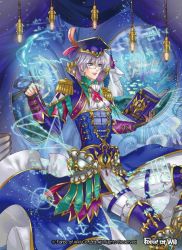 Rule 34 | 1boy, alisaris (force of will), banamons, book, copyright name, curtains, epaulettes, faceless, faceless female, feathers, force of will, glasses, gold trim, green eyes, hat, lamp, male focus, mermaid, monster girl, official art, pencil, solo, sparkle, white hair