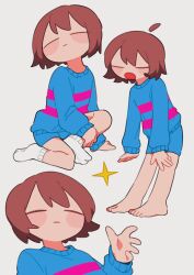 Rule 34 | 1other, :o, ahoge, blue shorts, blue sweater, blush stickers, brown hair, closed eyes, closed mouth, detached ahoge, frisk (undertale), hand on own leg, highres, leaning forward, multiple views, on floor, pink stripes, short hair, shorts, socks, sparkle, sweater, tadeno, undertale, white background, white socks