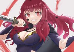 1girl black_cape breasts cape cleavage commentary_request dagger facial_mark fire_emblem fire_emblem_engage grey_background grin highres holding holding_dagger holding_knife holding_weapon knife large_breasts long_hair looking_at_viewer nintendo red_eyes red_hair reverse_grip short_sleeves smile solo star_(symbol) tarutaru193 upper_body very_long_hair weapon yunaka_(fire_emblem)