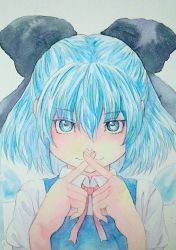 Rule 34 | 1girl, :3, blue eyes, blue hair, bow, cirno, crossed fingers, graphite (medium), hair bow, highres, ice, ice wings, looking at viewer, neck ribbon, painting (medium), ribbon, short hair, solo, touhou, traditional media, upper body, watercolor (medium), wings, x fingers, yuyu (00365676)
