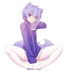 Rule 34 | 1boy, :3, :p, ahoge, animal ears, bottomless, cat boy, cat ears, cat tail, cookie run, full body, light purple hair, long sleeves, looking at viewer, male focus, peppermint cookie, purple eyes, simple background, sleeves past wrists, smile, solo, tail, thighhighs, tongue, tongue out, twitter username, white background, white thighhighs, yoyochaan