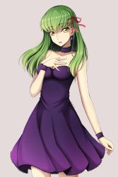 Rule 34 | 1girl, :d, arm at side, breasts, c.c., choker, cleavage, code geass, collarbone, cosplay, cowboy shot, dress, earrings, fate/stay night, fate (series), floating hair, green hair, grey background, hair between eyes, hair ribbon, head tilt, highres, jewelry, long hair, looking at viewer, lucky keai, matou sakura, matou sakura (cosplay), medium breasts, open mouth, purple dress, red ribbon, ribbon, short dress, simple background, smile, solo, standing, straight hair, strapless, strapless dress, wrist cuffs, yellow eyes