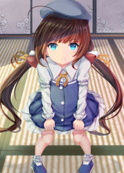 Rule 34 | 10s, 1girl, ahoge, beret, blue dress, blue eyes, blue footwear, blush, brown hair, child, dress, female focus, from above, full body, hat, have to pee, highres, hinatsuru ai, indoors, layered sleeves, long hair, long sleeves, looking at viewer, mizuha (zxass0612), pigeon-toed, ribbon, ryuuou no oshigoto!, shoes, short over long sleeves, short sleeves, socks, solo, standing, twintails, white hat, white socks, yellow ribbon