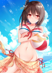 Rule 34 | 1girl, :&lt;, absurdres, ball, bare arms, bare shoulders, beachball, bikini, blue sky, blush, breasts, brown hair, closed mouth, cloud, collarbone, cowboy shot, day, dutch angle, flower, frilled bikini, frills, gluteal fold, groin, hair between eyes, hair ornament, highres, holding, holding ball, kantai collection, kinona, long hair, looking at viewer, medium breasts, navel, outdoors, red eyes, sarong, sky, solo, swimsuit, water, white bikini, white flower, yamashiro (kancolle)