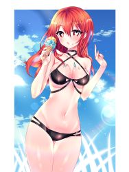 Rule 34 | 1girl, bad id, bad pixiv id, blush, breasts, collarbone, day, elesis (elsword), elsword, food, heart, heart-shaped pupils, highres, ice cream, ice cream cone, medium breasts, navel, open mouth, sky, swimsuit, symbol-shaped pupils, xes (xes 5377)