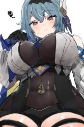 Rule 34 | 1girl, absurdres, between breasts, black gloves, blue hair, blue necktie, breasts, clothing cutout, commentary request, eula (genshin impact), from below, frown, genshin impact, gloves, hair between eyes, hair ornament, hand up, high-waist shorts, highres, large breasts, looking at viewer, medium hair, necktie, necktie between breasts, pov, purple eyes, shorts, shoulder cutout, sidelocks, simple background, solo, squiggle, sweatdrop, the olphy, white background