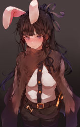 Rule 34 | 1girl, animal ears, arms at sides, bad id, bad pixiv id, belt, belt buckle, black pants, black ribbon, blue eyes, blush, breasts, brown cape, buckle, buttons, cape, closed mouth, commentary request, cowboy shot, fake animal ears, grey background, hair ribbon, high ponytail, highres, hplay, long hair, medium breasts, narberal gamma, nose blush, overlord (maruyama), pants, ponytail, rabbit ears, ribbon, ribbon-trimmed cape, sheath, sheathed, shirt, simple background, solo, standing, sword, weapon, white shirt