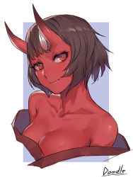 Rule 34 | 1girl, breasts, brown hair, cleavage, closed mouth, colored skin, commentary request, fang, fang out, head tilt, horns, large breasts, looking at viewer, oni, oni horns, original, purple background, red eyes, red skin, short eyebrows, short hair, simple background, smile, solo, upper body, zakusi