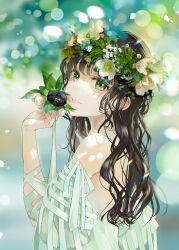 Rule 34 | 1girl, backless dress, backless outfit, bare shoulders, black flower, black hair, blurry, blurry background, blurry foreground, brown flower, commentary request, depth of field, detached sleeves, dress, flower, from side, green eyes, hand up, head wreath, highres, holding, holding flower, long hair, looking at viewer, looking to the side, naruse chisato, original, ribbon, smile, solo, upper body, white dress, white flower, white ribbon, white sleeves