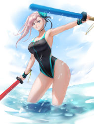 Rule 34 | 1girl, arm up, armpits, bare hips, bare shoulders, black one-piece swimsuit, black ribbon, blue sky, blush, breasts, bun cover, chuby mi, closed mouth, cloud, collarbone, commentary, competition swimsuit, contrapposto, covered erect nipples, day, dual wielding, fate/grand order, fate (series), frills, highres, holding, horizon, large breasts, long hair, looking at viewer, miyamoto musashi (fate), ocean, one-piece swimsuit, out of frame, purple eyes, red lips, ribbon, side ponytail, sky, smile, solo, splashing, standing, sweatband, swept bangs, swimsuit, wading, water