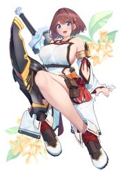 Rule 34 | 1girl, absurdres, armor, asymmetrical legwear, baffu, bare shoulders, black thighhighs, blue eyes, blush, breasts, brown hair, detached sleeves, greatsword, greaves, hair ornament, hairclip, highres, hitoyo (baffu), huge weapon, large breasts, looking at viewer, nail polish, no bra, open mouth, original, short hair, short hair with long locks, sideboob, sideless outfit, single greave, single thighhigh, smile, solo, sword, thighhighs, uneven legwear, weapon, weapon on back, wide sleeves