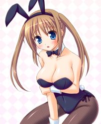 Rule 34 | 1girl, animal ears, blue eyes, blush, breasts, brown hair, cleavage, fake animal ears, looking at viewer, miu (c blue), original, pantyhose, playboy bunny, rabbit ears, rabbit tail, solo, tail, twintails, wrist cuffs