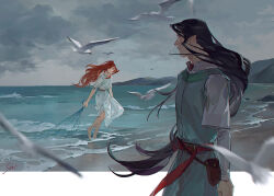 1boy 1girl barefoot beach belt bird black_hair chinese_commentary cloud cloudy_sky commentary_request day dress elf feanor fishing_net green_eyes grey_sky holding_net horizon long_hair low-tied_long_hair nerdanel ocean outdoors pointy_ears pouch red_hair sankusa seagull shore signature sky standing the_silmarillion tolkien&#039;s_legendarium tolkien&#039;s_legendarium water white_dress