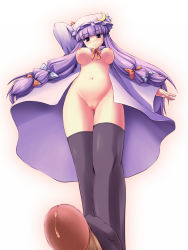Rule 34 | 1girl, black thighhighs, bottomless, bow, breasts, censored, cleft of venus, feet, footjob, foreshortening, hat, highres, long hair, nipples, no panties, nude, patchouli knowledge, penis, precum, purple hair, pussy, ribbon, solo focus, standing, tdk, thighhighs, touhou, very long hair