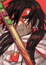 Rule 34 | 1boy, armor, black hair, blood, blood from mouth, blood on face, bloody weapon, cheeeeese0619, cloak, closed mouth, constantine xi (fate), curtained hair, earrings, fate/grand order, fate (series), gem, green gemstone, grey eyes, hair between eyes, highres, jewelry, long hair, looking ahead, male focus, red background, red gemstone, serious, simple background, sketch, solo, sword, tassel, upper body, weapon, white cloak