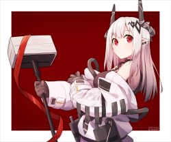 Rule 34 | 1girl, arknights, bare shoulders, black gloves, breasts, commentary, gloves, hammer, highres, holding, holding hammer, holding weapon, horns, large breasts, long hair, long sleeves, looking at viewer, material growth, mudrock (arknights), off shoulder, oripathy lesion (arknights), pointy ears, red eyes, ryota tentei, silver hair, solo, upper body, weapon