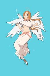 Rule 34 | 1girl, angel wings, bleach, boots, bra, breasts, brown eyes, brown hair, full body, halo, highres, immokkosan, inoue orihime, large breasts, long hair, midriff, open mouth, shirt, skirt, solo, underwear, white bra, white shirt, white skirt, wings