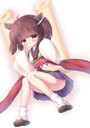 Rule 34 | 1girl, ahoge, bad id, bad pixiv id, black footwear, blue skirt, blunt bangs, blush, brown eyes, brown hair, hands up, headgear, highres, japanese clothes, kimono, long sleeves, looking at viewer, obi, parted lips, pleated skirt, sandals, sash, short kimono, skirt, sleeves past fingers, sleeves past wrists, socks, solo, textless version, touhoku kiritan, two side up, voiceroid, waste (arkaura), white kimono, white socks, zouri