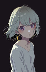 Rule 34 | 1boy, androgynous, black background, blush, closed mouth, commentary request, earrings, grey hair, jewelry, male focus, original, purple eyes, shirt, short hair, simple background, solo, star (symbol), trap, upper body, v-neck, white shirt, yoruhachi