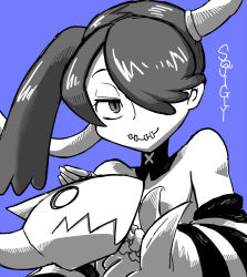 Rule 34 | 1girl, bare shoulders, chichibu (watson), detached collar, detached sleeves, hair over one eye, highres, leviathan (skullgirls), monochrome, simple background, skullgirls, smile, squigly (skullgirls), stitched mouth, stitches, zombie