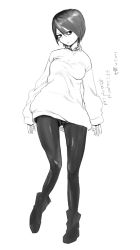Rule 34 | 1girl, breasts, full body, greyscale, hair between eyes, highres, kotoyama, looking at viewer, monochrome, original, pantyhose, short hair, simple background, small breasts, solo, white background