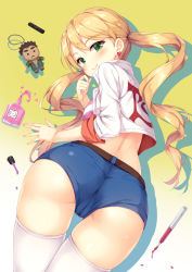 Rule 34 | 1girl, akihiro altland, ass, back, belt, blonde hair, blue shorts, blush, breasts, character doll, closed mouth, clothes writing, cosmetics, cowboy shot, cropped jacket, earrings, eyebrows, fingernails, gradient background, green eyes, gundam, gundam tekketsu no orphans, heart, heart earrings, highres, jewelry, lafter frankland, leaning forward, lipstick tube, long hair, looking at viewer, looking back, medium breasts, midriff, nail polish bottle, pocket, shadow, short shorts, shorts, skindentation, sleeves rolled up, smile, solo, spill, thigh gap, thighhighs, tomifumi, twintails, white thighhighs, yellow background