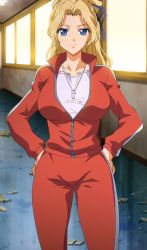 Rule 34 | 10s, 1girl, blonde hair, blue eyes, breasts, female focus, hair ribbon, highres, large breasts, long hair, looking at viewer, okita asuka, ribbon, rin x sen, screencap, smile, solo, standing, stitched, teacher, third-party edit, track suit, whistle