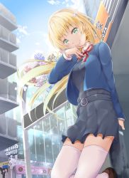Rule 34 | 1girl, blonde hair, blue jacket, blue sky, bow, brown footwear, building, cloud, dress, english text, green eyes, grey dress, hair bow, hayaoki (asagi-iro seishun-bu), heanna sumire, highres, jacket, leaning back, light blush, long hair, long sleeves, looking at viewer, looking down, love live!, love live! superstar!!, mary janes, outdoors, red bow, red neckwear, shoes, sidelocks, sky, smile, solo, storefront, thighhighs, white thighhighs