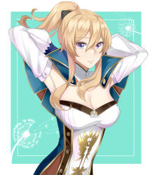 Rule 34 | 1girl, armpits, arms up, bare shoulders, blonde hair, blue eyes, breasts, cleavage, commentary, commission, dafflif, detached sleeves, genshin impact, highres, jean (genshin impact), long hair, long sleeves, looking at viewer, medium breasts, ponytail, shirt, sidelocks, solo, strapless, strapless shirt, upper body