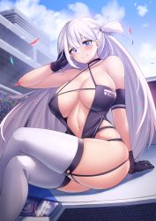 Rule 34 | 1girl, absurdres, alternate costume, arm at side, arm strap, armband, azur lane, bare shoulders, black gloves, blue eyes, blue sky, blush, breasts, car, center opening, cho!cho!, cleavage, closed mouth, cloud, cloudy sky, collarbone, commentary, confetti, criss-cross halter, crossed legs, day, dress, garter straps, gloves, halter dress, halterneck, hand to head, highres, large breasts, long hair, looking at viewer, mole, mole under eye, motor vehicle, navel, on vehicle, one side up, outdoors, race queen, race vehicle, racecar, revealing clothes, shoukaku (azur lane), shoukaku (sororal wings) (azur lane), sidelocks, sitting, skindentation, sky, smile, solo, thighhighs, thighs, very long hair, white thighhighs