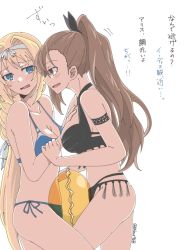 Rule 34 | 2girls, alice zuberg, bare legs, bare shoulders, bikini, black one-piece swimsuit, blonde hair, blue eyes, blue one-piece swimsuit, blush, braid, breasts, brown hair, bwave968, cleavage, collarbone, embarrassed, eydis (sao), hair ornament, hair ribbon, japanese text, large breasts, long hair, multiple girls, one-piece swimsuit, ponytail, red eyes, ribbon, signature, smile, swimsuit, sword art online, sword art online: alicization, tattoo, white background, white hair