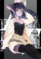 Rule 34 | 1girl, animal ears, black thighhighs, body fur, brown eyes, cardigan, cat ears, female focus, furry, furry female, highres, idkuroi, jewelry, long hair, necklace, noire kooshe, open cardigan, open clothes, original, purple fur, sitting, skirt, slit pupils, smile, solo, thighhighs