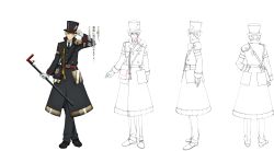 Rule 34 | 1boy, adjusting clothes, adjusting headwear, aiguillette, armband, armor, black footwear, blonde hair, blue eyes, buttons, cane, cane (senjuushi), character sheet, coat, double-breasted, formal, from behind, full body, gloves, hat, highres, holding, holding cane, holding weapon, lineart, majiro (mazurka), male focus, monochrome, monocle, multiple views, official art, overcoat, senjuushi: the thousand noble musketeers, senjuushi (series), short hair, shoulder armor, standing, top hat, translation request, transparent background, turnaround, weapon, white gloves