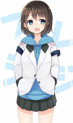 Rule 34 | 1girl, bad id, bad pixiv id, black skirt, blue eyes, blush, brown hair, buttons, collarbone, copyright name, cowboy shot, fureraji, hands in pockets, hood, hood down, hoodie, jacket, long sleeves, looking at viewer, looking away, miniskirt, nekoume, open mouth, original, pleated skirt, shiny skin, short hair, skirt, smile, solo, translation request, unbuttoned