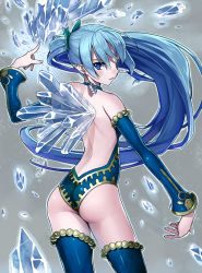 Rule 34 | 1girl, ass, back, bare shoulders, blue eyes, blue hair, blue thighhighs, choker, contrapposto, detached sleeves, dragon maker, earrings, from behind, gaou (umaiyo puyoman), ice, ice wings, jewelry, long hair, looking back, matching hair/eyes, ponytail, simple background, solo, standing, symbol-shaped pupils, thighhighs, very long hair, wings