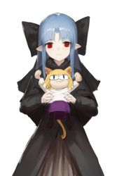 Rule 34 | 2girls, :3, animal ear fluff, animal ears, arms up, black bow, black capelet, black dress, black eyes, blue hair, bow, cape, capelet, closed mouth, dress, fur-trimmed cape, fur trim, hara shoutarou, highres, holding, holding person, large bow, light blue hair, long hair, medium hair, melty blood, multiple girls, neco-arc, purple skirt, red eyes, simple background, sketch, skirt, smile, standing, tsukihime, white background