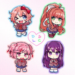 Rule 34 | &gt; o, 4girls, :o, ;d, arm up, arms behind back, black thighhighs, blue outline, blue skirt, blush, bow, brown hair, brown sweater vest, chibi, chiimako, closed mouth, collared shirt, commentary request, doki doki literature club, dress shirt, fang, green eyes, green outline, grey jacket, hair between eyes, hair bow, hair intakes, hair ornament, hair ribbon, halftone, halftone background, hand up, hands on own hips, hands up, heart, high ponytail, jacket, lapels, leaning forward, leg up, long hair, long sleeves, looking at viewer, monika (doki doki literature club), multiple girls, natsuki (doki doki literature club), neck ribbon, one eye closed, open clothes, open jacket, open mouth, outline, pink background, pink eyes, pink hair, pink outline, pleated skirt, ponytail, purple eyes, purple hair, purple outline, red bow, red ribbon, ribbon, sayori (doki doki literature club), school uniform, shirt, short hair, sidelocks, simple background, skirt, smile, socks, split mouth, sweater vest, swept bangs, teeth, thighhighs, two side up, upper teeth only, v-shaped eyebrows, very long hair, white background, white bow, white shirt, white socks, x hair ornament, yuri (doki doki literature club)