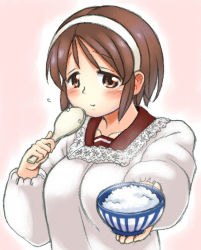 Rule 34 | 1girl, :&gt;, apron, blush, bowl, breasts, brown eyes, brown hair, closed mouth, collarbone, commentary request, eyebrows, flying sweatdrops, fukidamari no peke, hairband, holding, holding bowl, kantai collection, kappougi, large breasts, long sleeves, natori (kancolle), outstretched arm, red sailor collar, rice, rice bowl, sailor collar, shamoji, smile, solo, tareme, upper body, white hairband